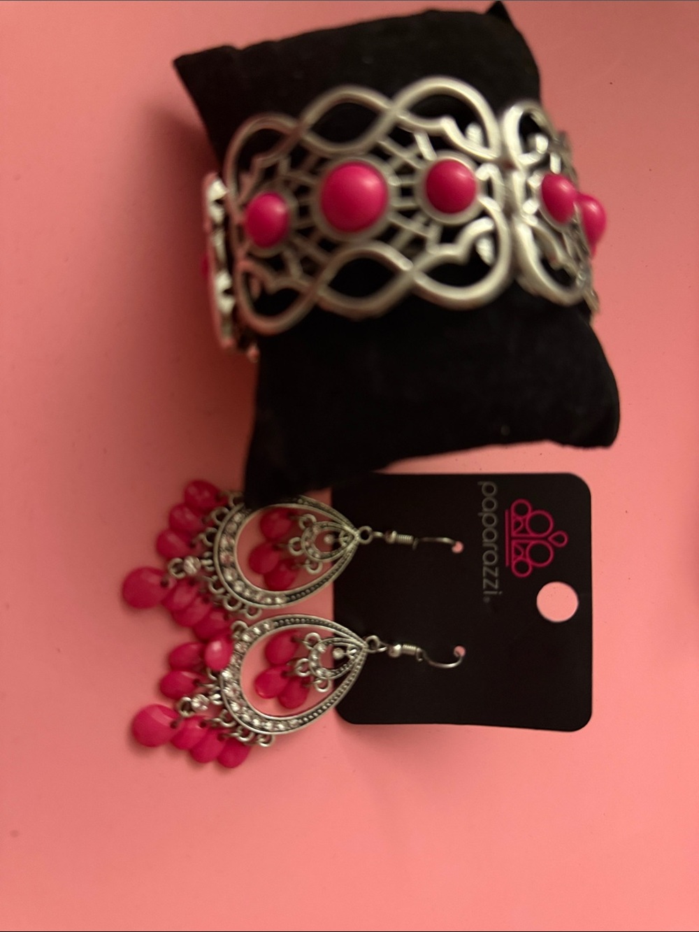 paparazzi Hot Pink and Silver Filigree Cuff Bracelet with Dangle Earrings